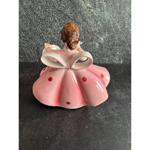 Vintage Lefton "May" Girl Porcelain Figurine 4.5"x4" Pink Dress With Hat & Blueb - Picture 4 of 8